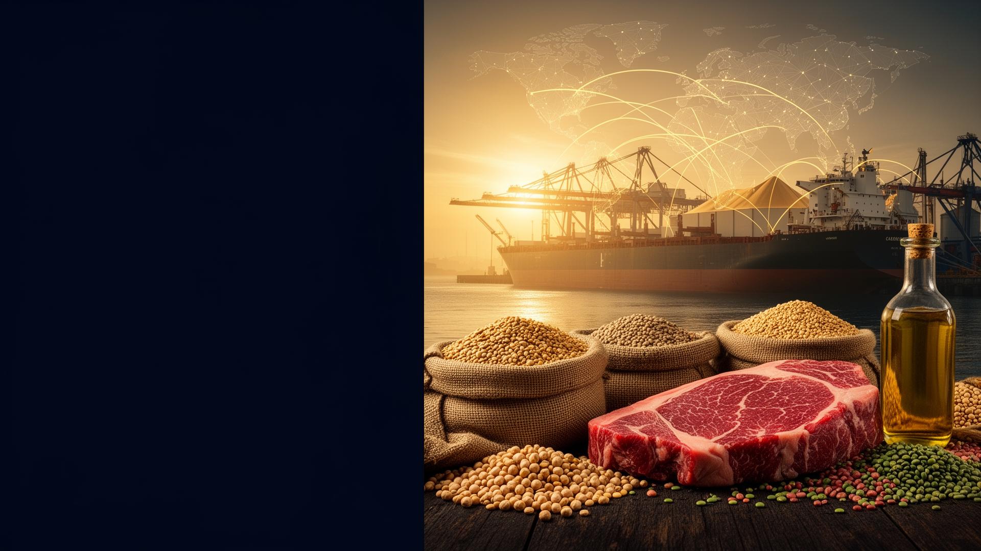 Bulk cargo vessel at export terminal during golden sunset with global trade network overlay and agricultural commodities