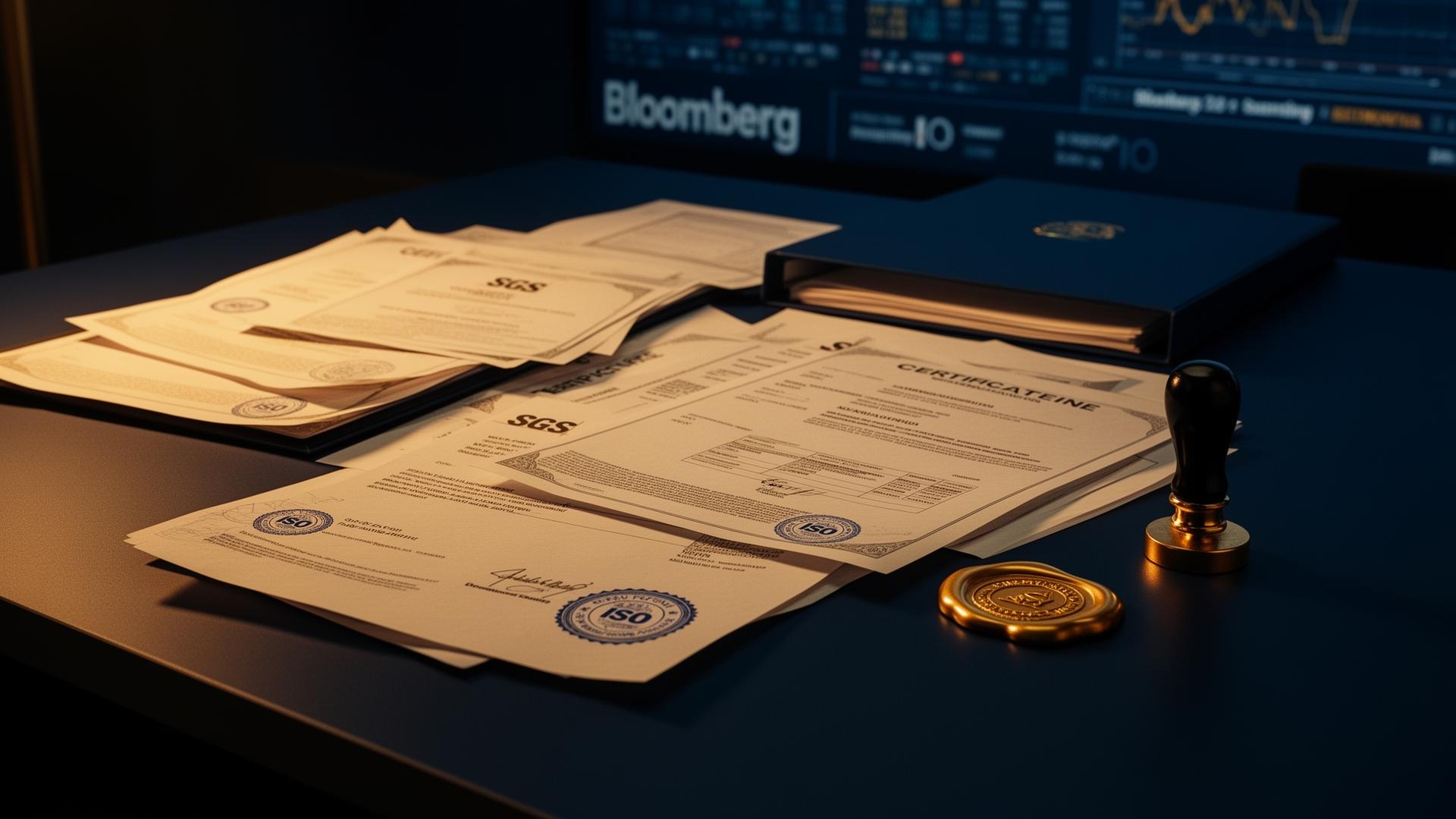 Institutional compliance desk with ISO and SGS certification documents