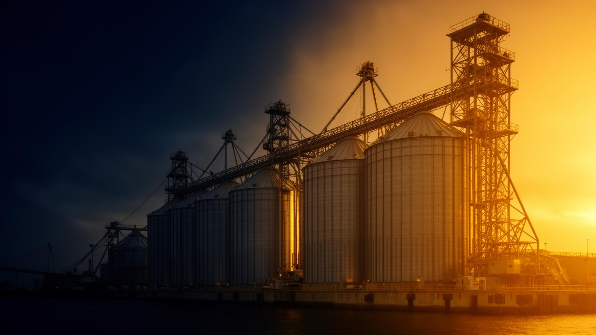 Global grain silo terminal at sunset