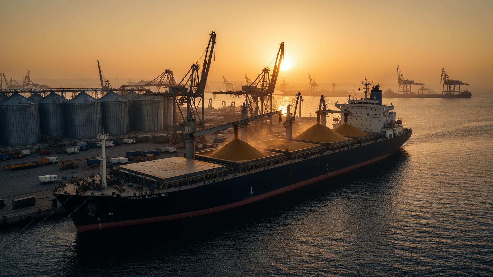 Bulk carrier vessel loading grain at Odesa Black Sea port at sunset