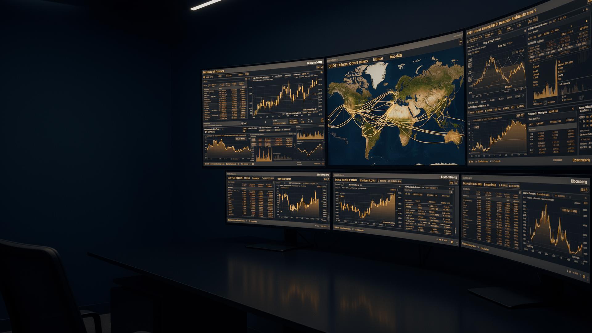 Institutional commodity trading intelligence desk with multiple monitors displaying CBOT futures, freight indexes, and global shipping routes