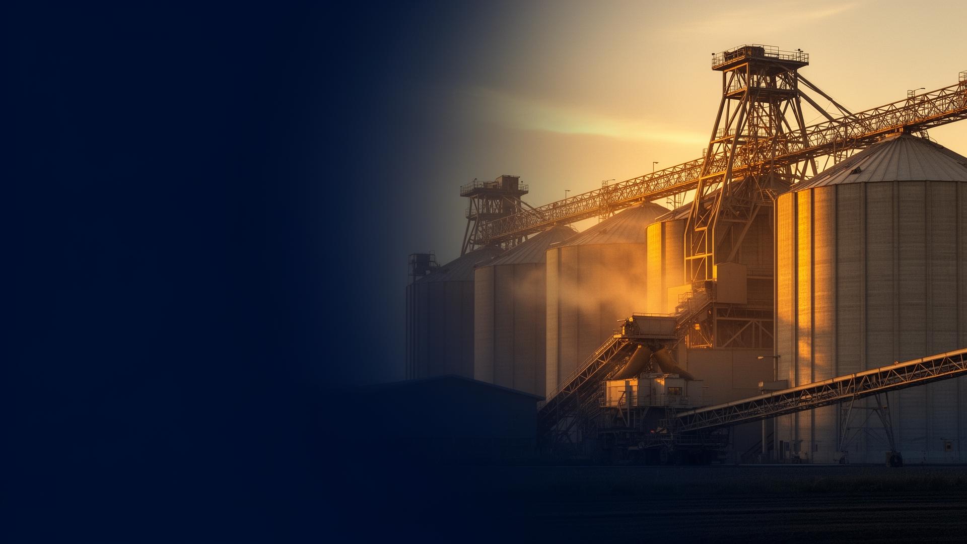 Global grain export terminal at sunset with bulk silos and conveyor infrastructure